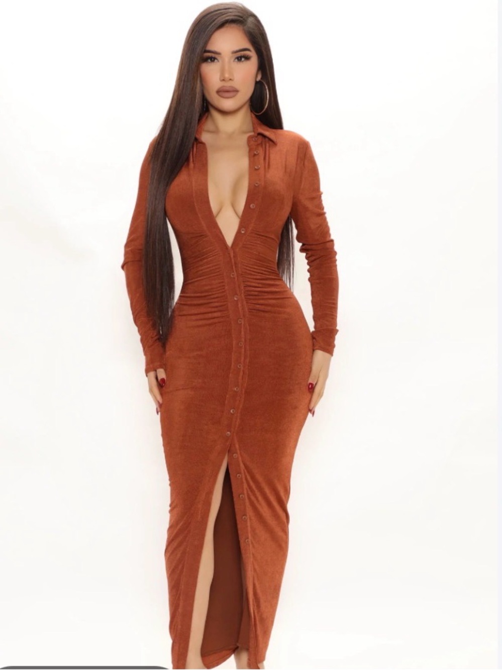 Fashion Nova Rust Long Sleeve Button-Front Maxi Dress